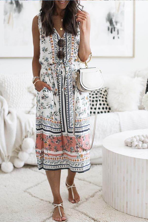 Casual Sleeveless V-Neck Boho Print Midi Dress