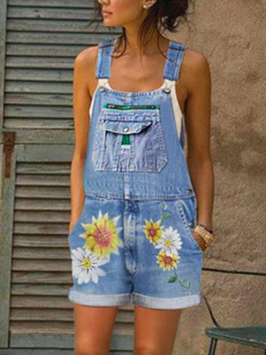 Casual Daisy Print Pockets Washed Denim Shortalls