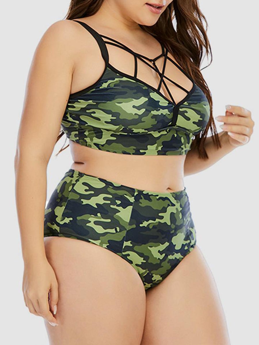 Boho Camo Print Bandage Hollow-out Design Two-piece Swimsuit