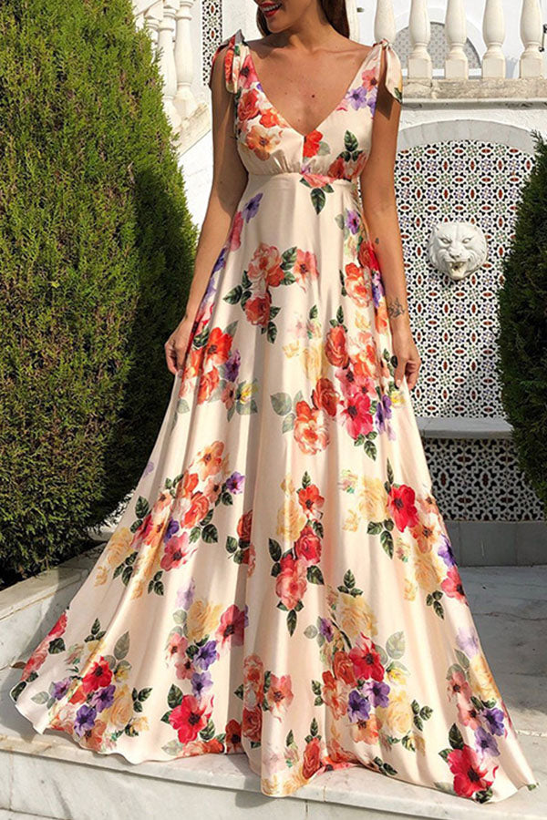 Leaky back print large swing sleeveless drawstring dress