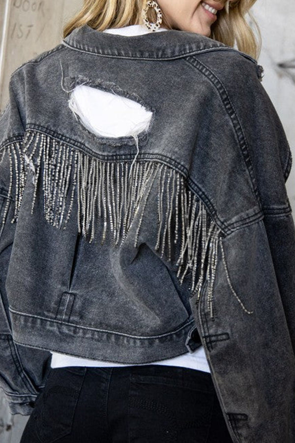 Ripped Rhinestone Fringed Denim Jacket