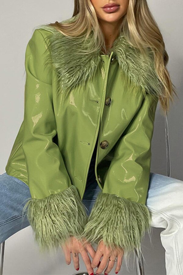 Chic Faux Fur Patchwork Bodycon Leather Coat