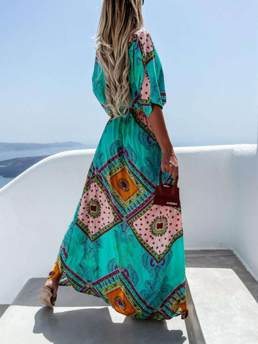 Bohemian Print V-neck Maxi Dress