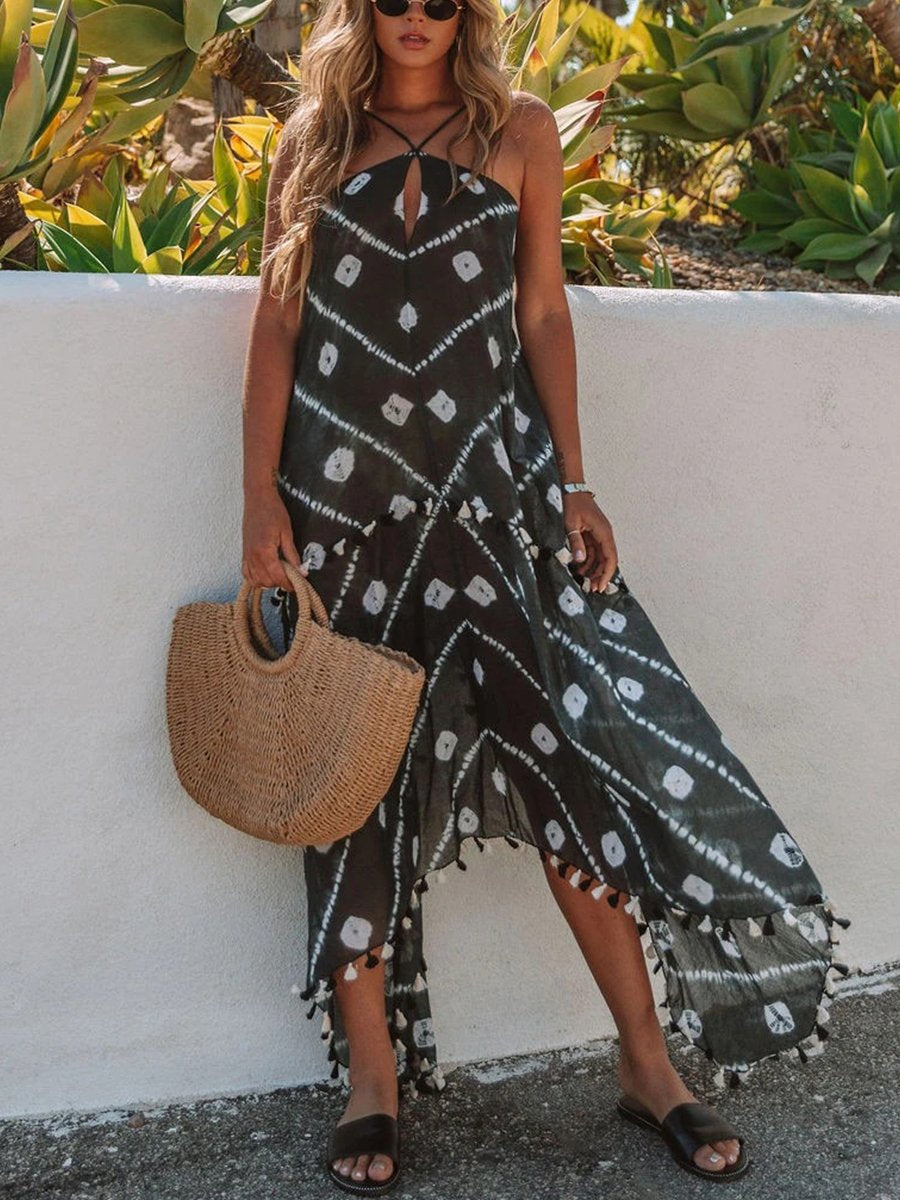Bohemian Print Halterneck Strap Midi Dress