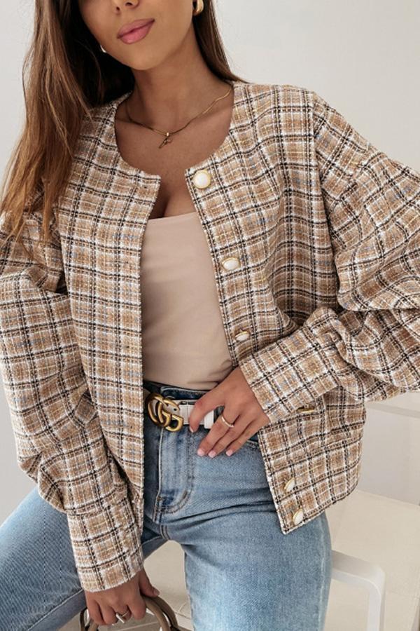 Round Neck Plaid Wool Short Coat