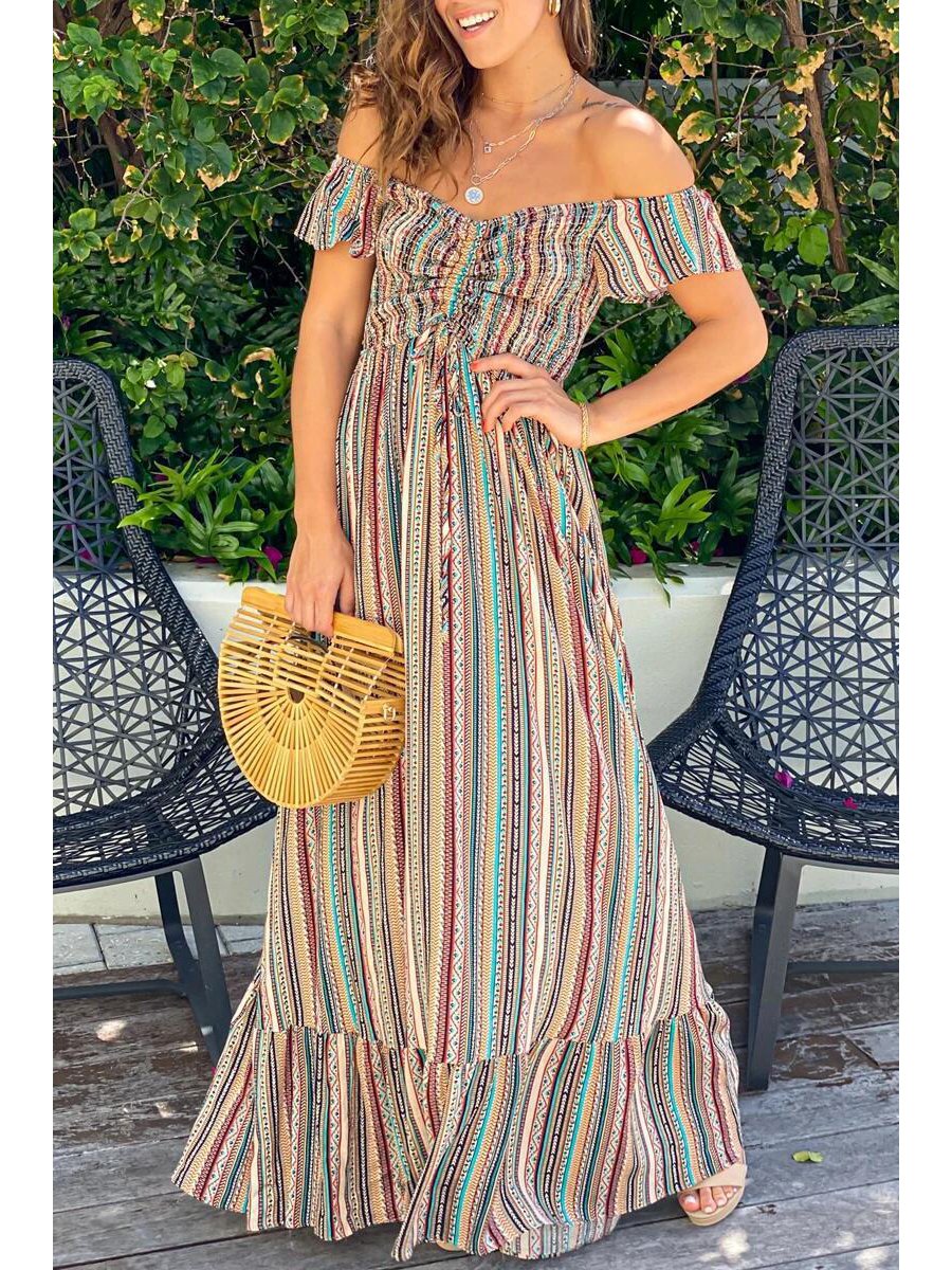 Off-the-shoulder Ruched Striped Maxi Dress