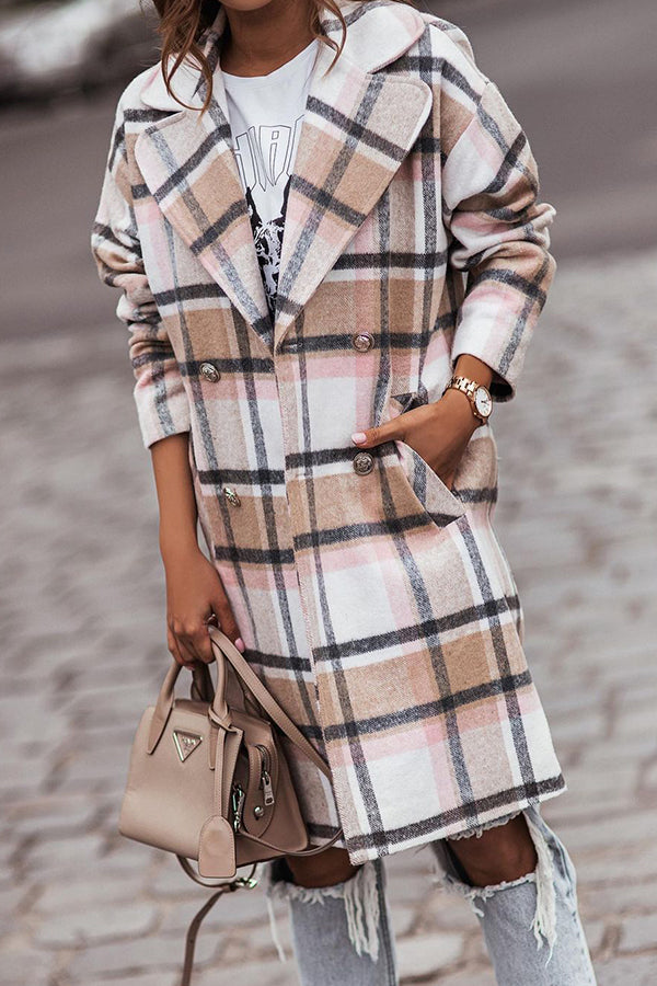 Long-sleeved Single-breasted Plaid Woolen Coat