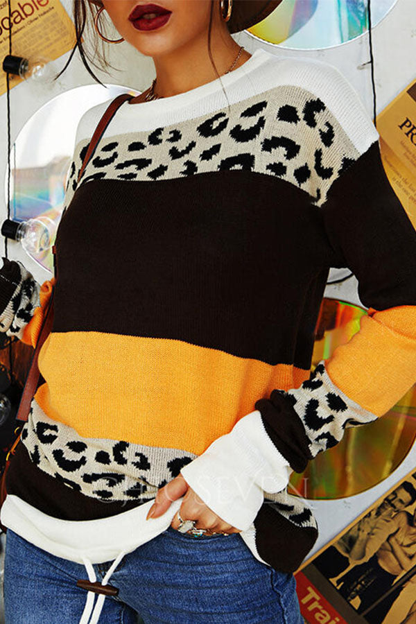 Colorblock Leopard Print Long Sleeve Sweater