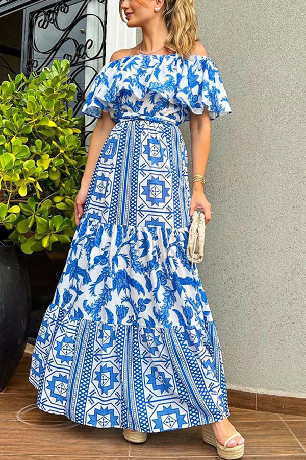 High-waisted Bohemian Print Dress with A Neckline