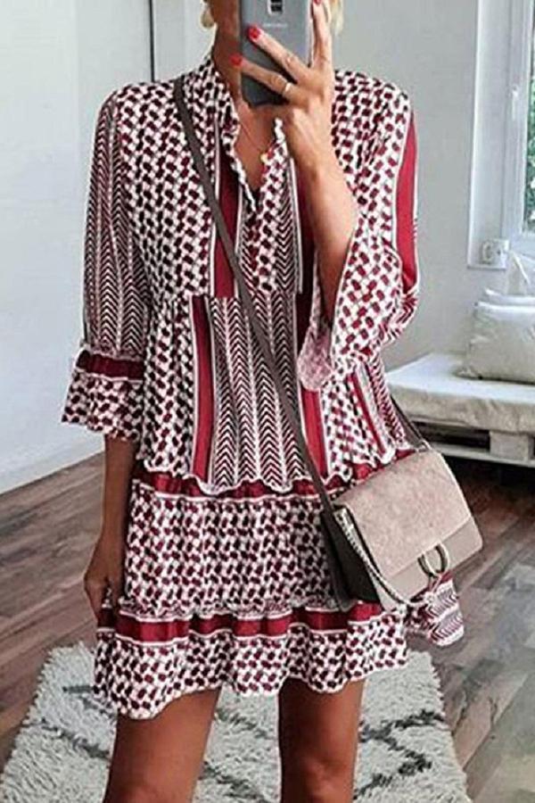 Casual Tribal Printed Ruffled Dress