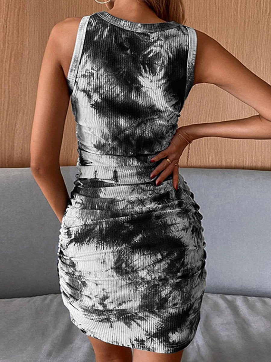 Round Neck Pleated Sleeveless Mini Dress