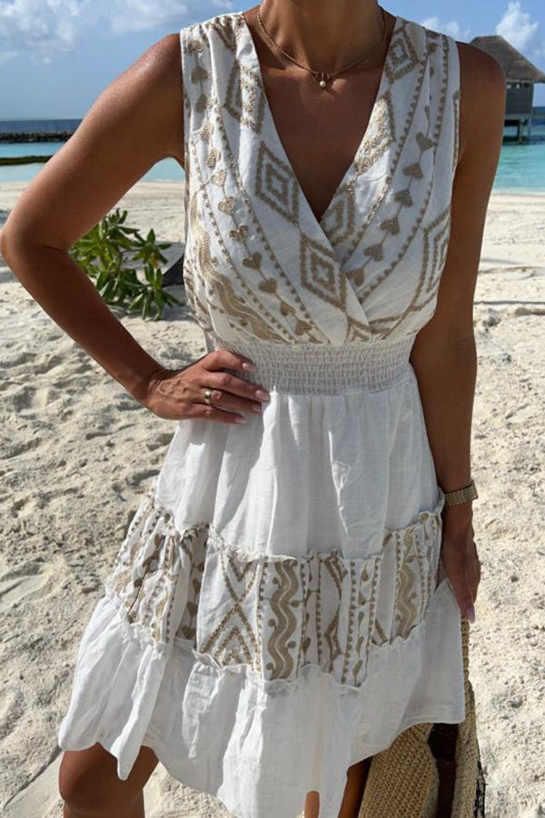 Fashion V-neck Sleeveless Embroidered Print Dress
