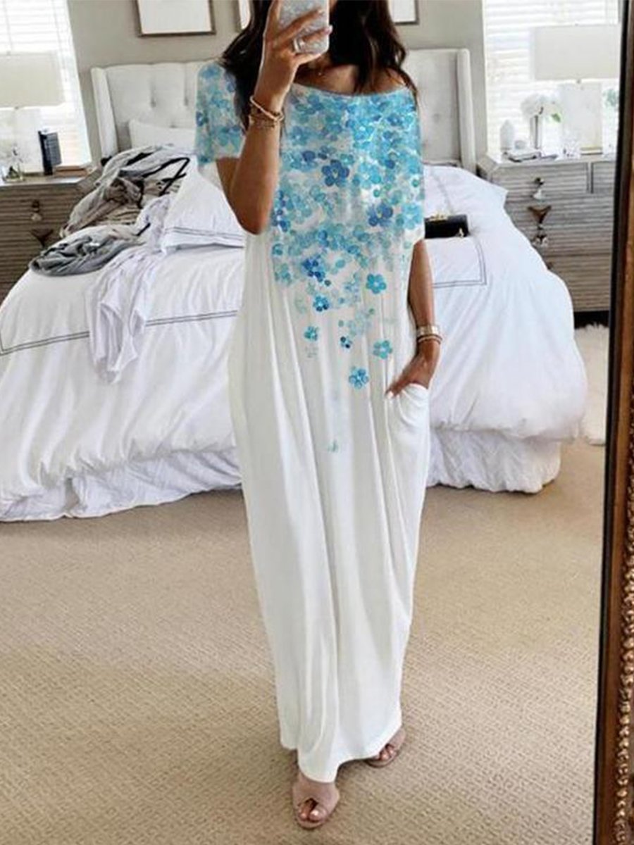 Fresh Floral Print Short Sleeve Maxi Dress