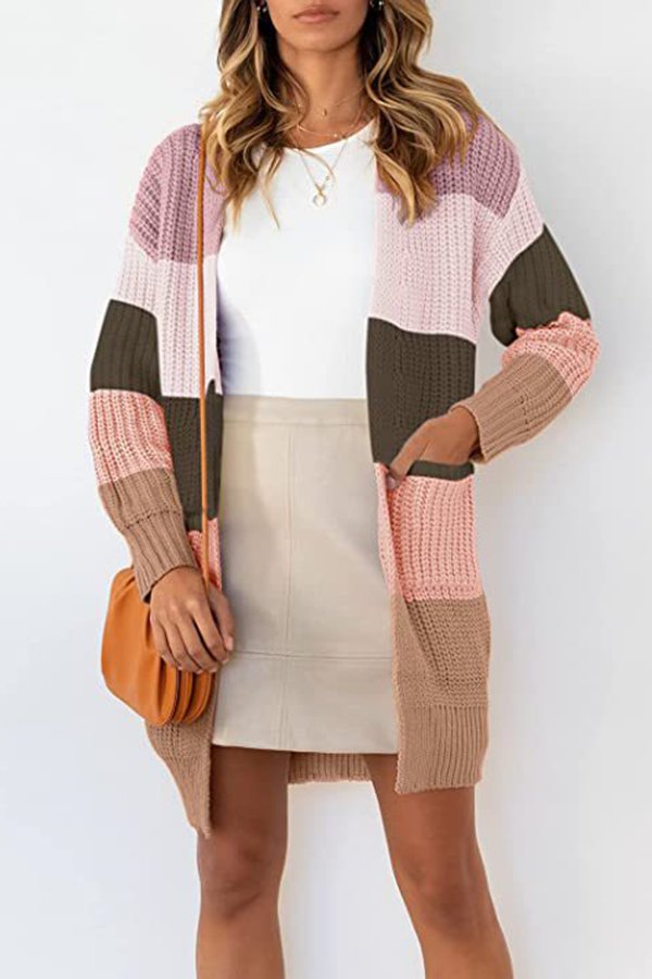 Loose Pocket Color Block Knitted Cardigan