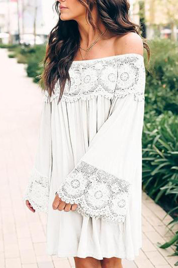 Off-Shoulder Lace Stitching Flared Sleeve Mini Dress