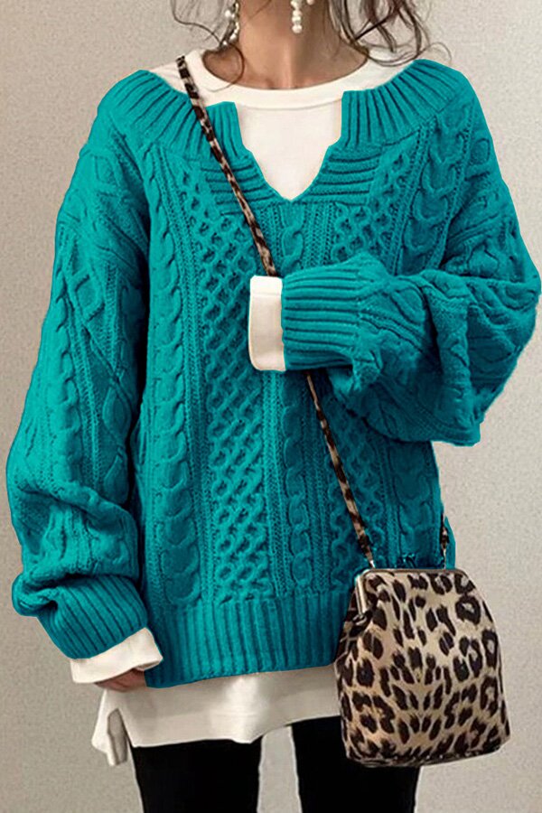 Fashion V-neck Solid Cable Loose Knit Sweater