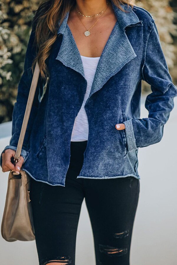 Washed Denim Wide Collar Pocket Jacket
