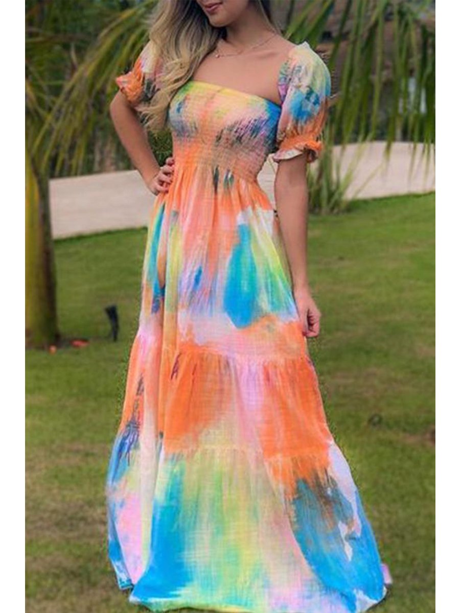 Sweet Tie Dye Off Shoulder Puff Sleeve Maxi Dress