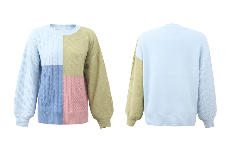 Square Stitching Contrast Color Twist Lantern Sleeve Sweater