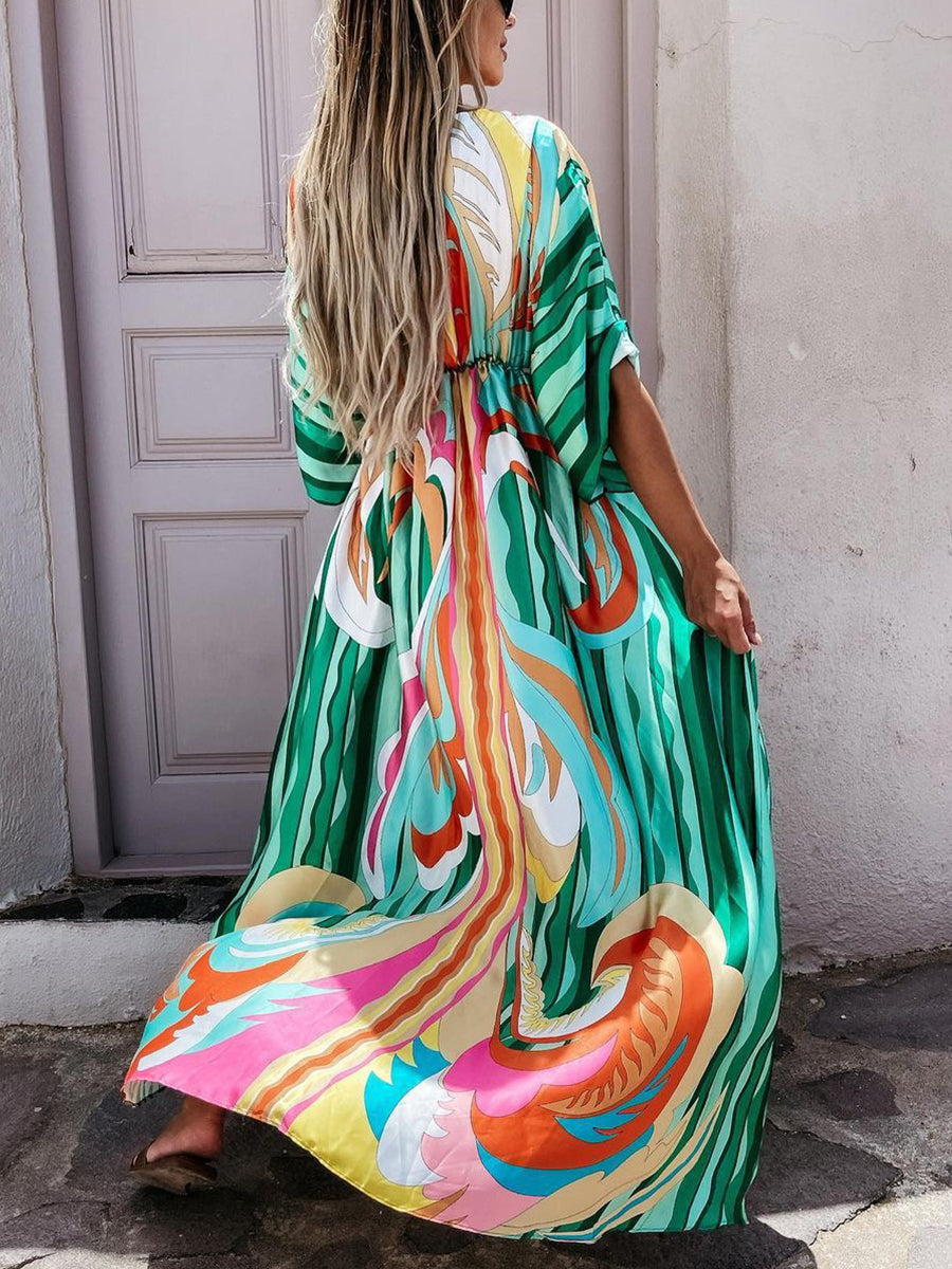 Digital Print V-neck Smocked Split Floor Length Dress