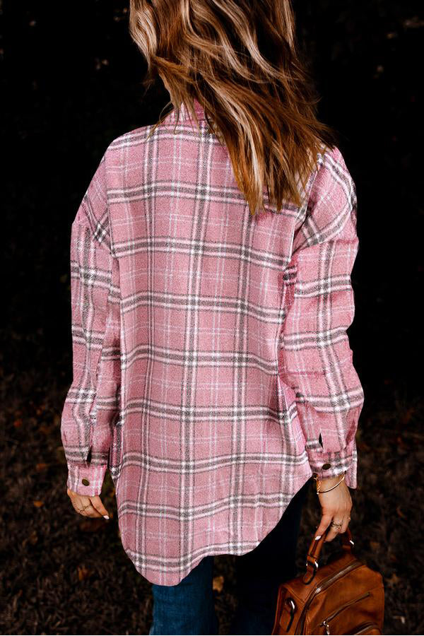 Plaid Pattern Buttoned Shirt Coat with Slits