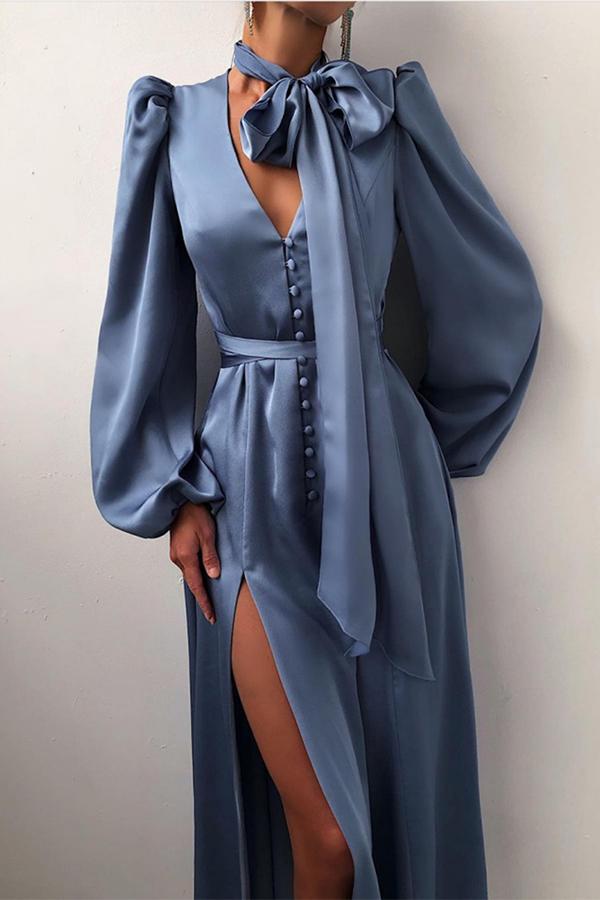 Lantern Sleeves with Waist Slits Slim Dress
