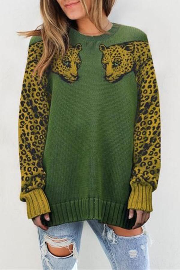 Long Sleeve Animal Print Round Neck Sweater