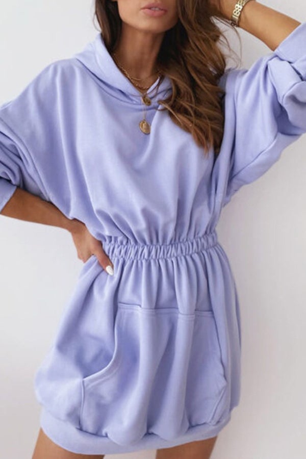 Waist Long Sleeve Fleece Hooded Sweatshirt Dress