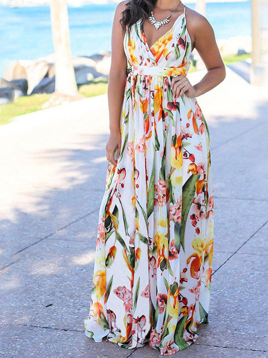 Beach Sling Leak Back Flower Print Maxi Dress