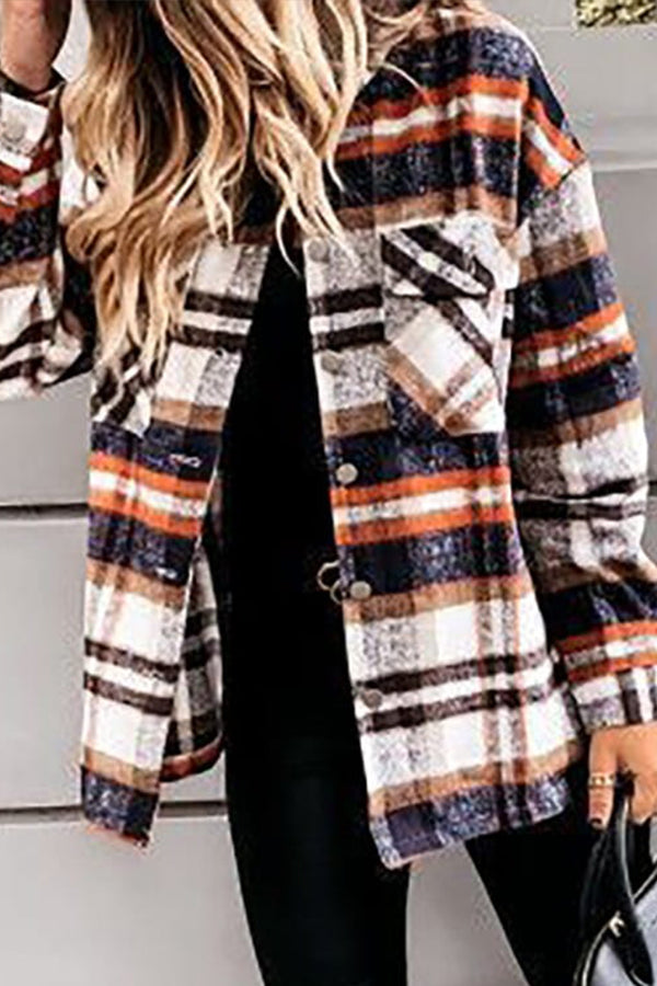 Long Sleeve Orange Plaid Print Jacket