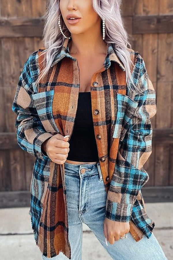 Long Sleeve Pocket Plaid Stitching Shirt