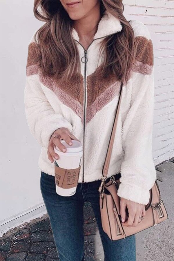 Cozy Colorblock Chevron Zipper Faux Jacket