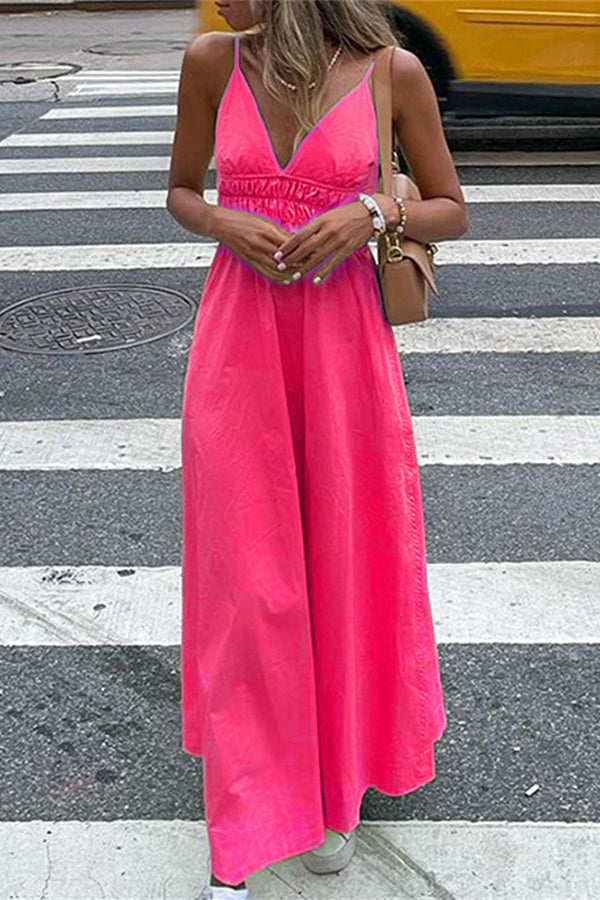 Women's V-neck Sling Solid Color High Waist Dress