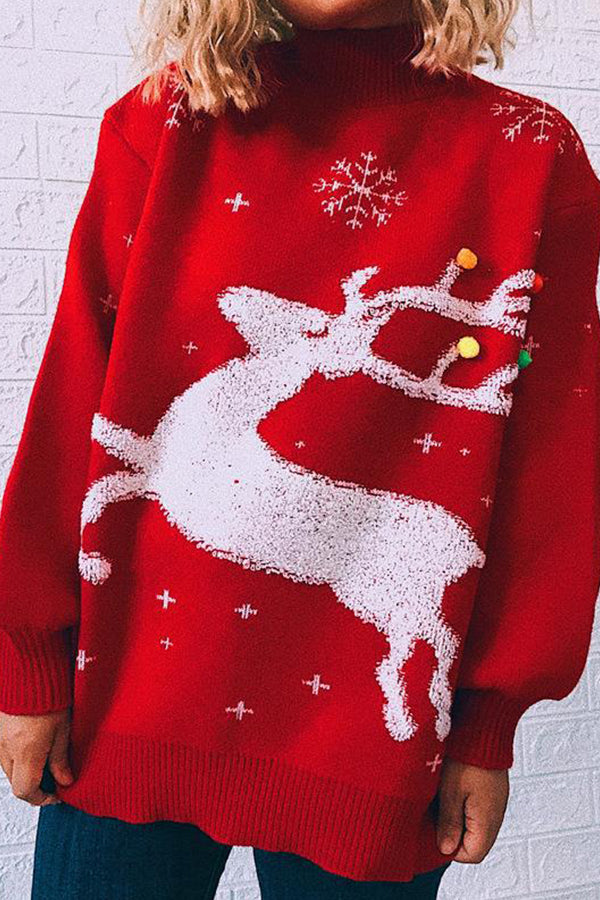Christmas Loose Padded Deer Snowflake Round Neck Long-sleeved Sweater
