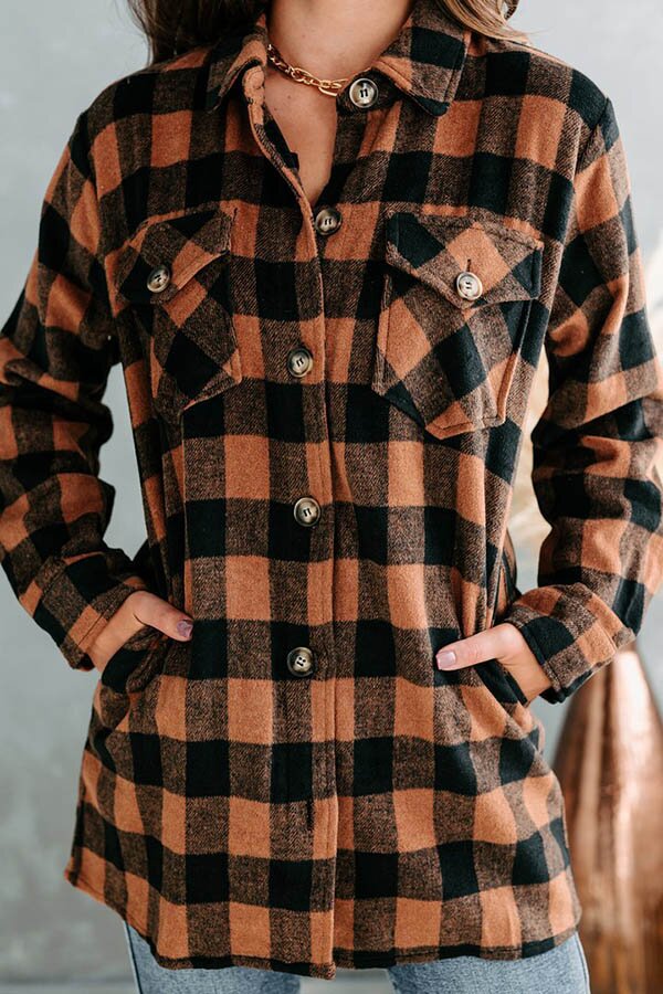 Button Front Lapel Plaid Insert Pocket Shacket