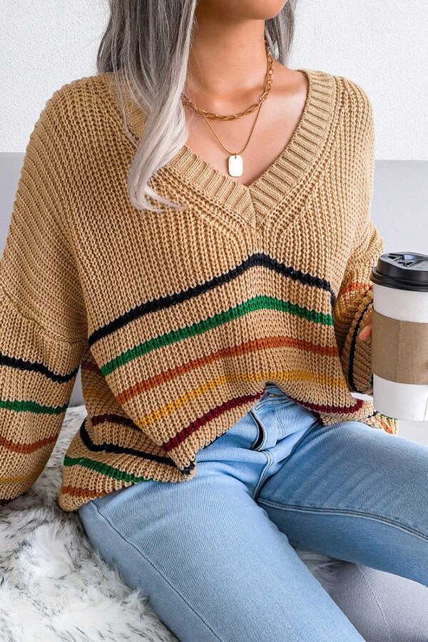 Rainbow Stripes Casual Loose V-neck Sweater
