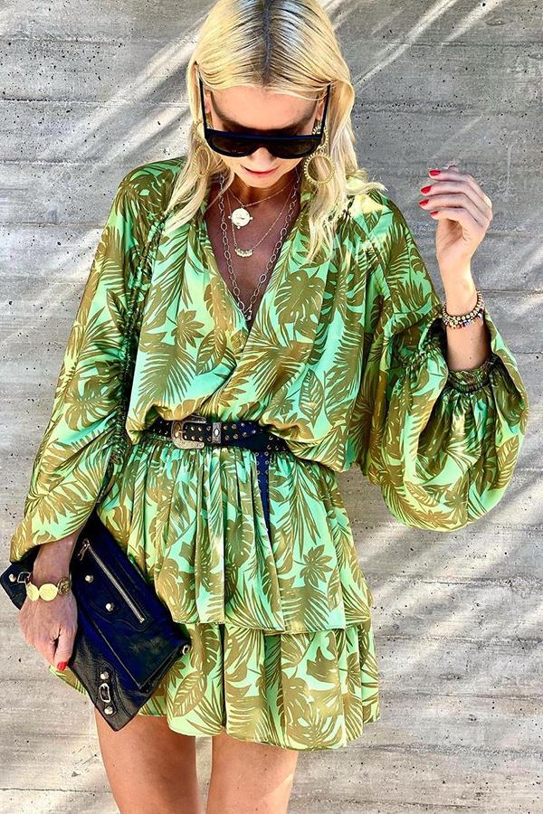 Printed V-neck Mini Dress