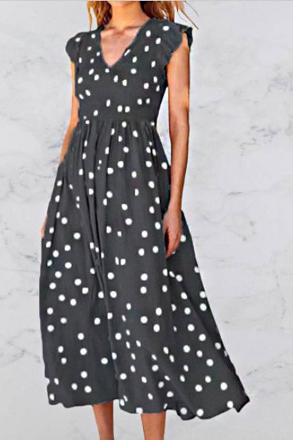 V-neck High Waist Polka Dot Print Dress