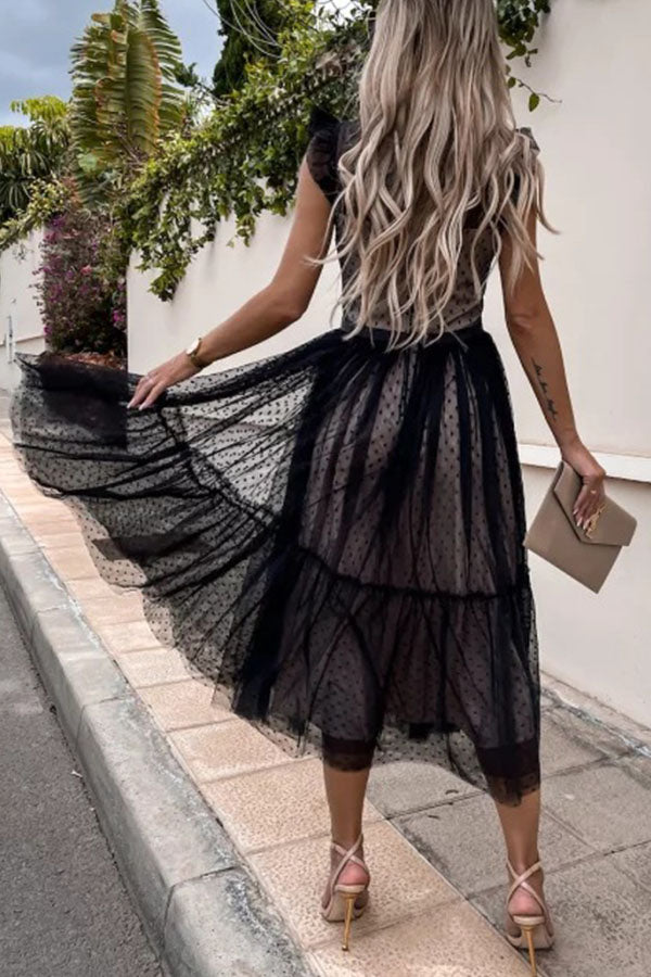 Fashion Solid Color Lace Mesh Panel Dress