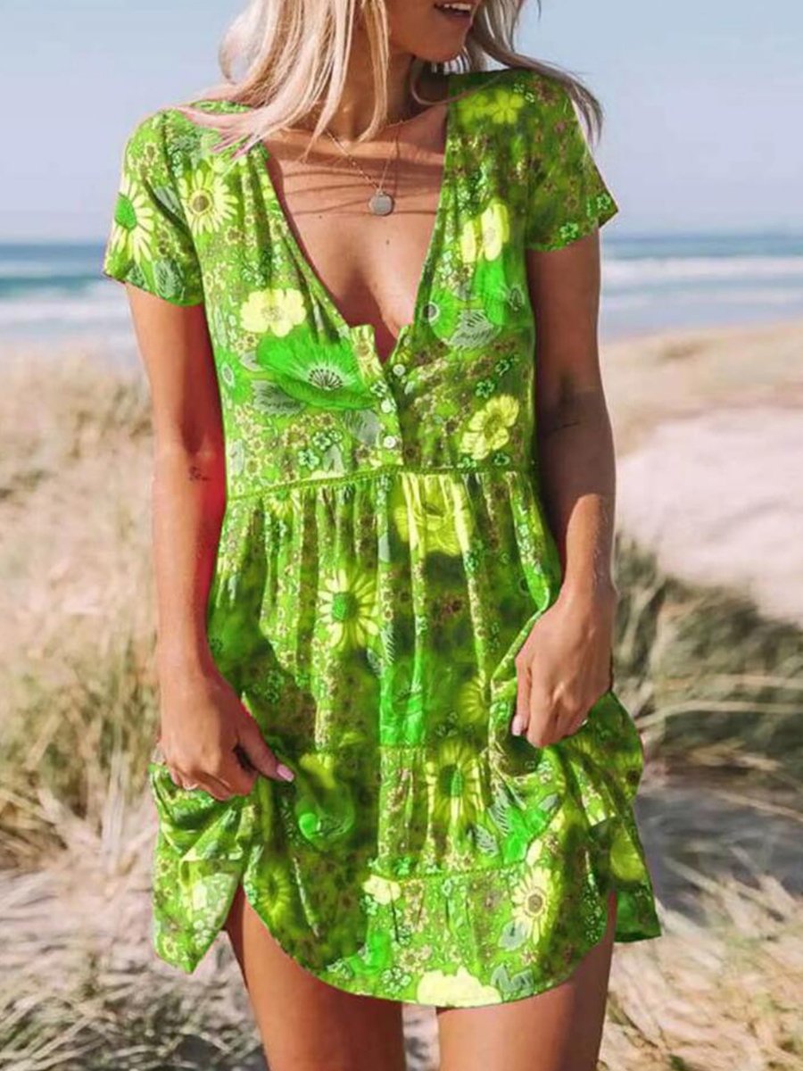 V-neck Short Sleeve Boho Print Mini Dress