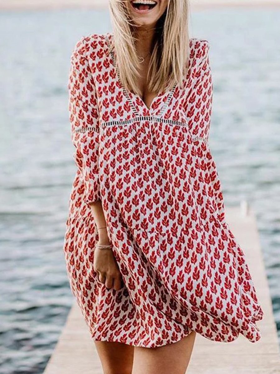 V-neck Nine Points Sleeve Leaf Print Mini Dress
