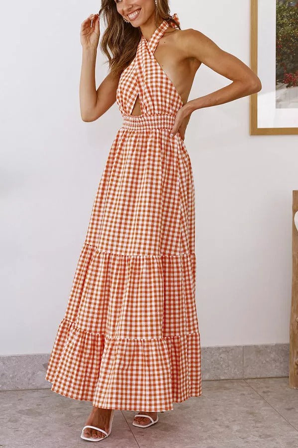Lovely Dear Cross Halter Neck Plaid Maxi Dress