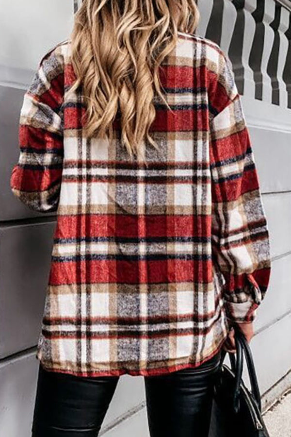 Long Sleeve Orange Plaid Print Jacket