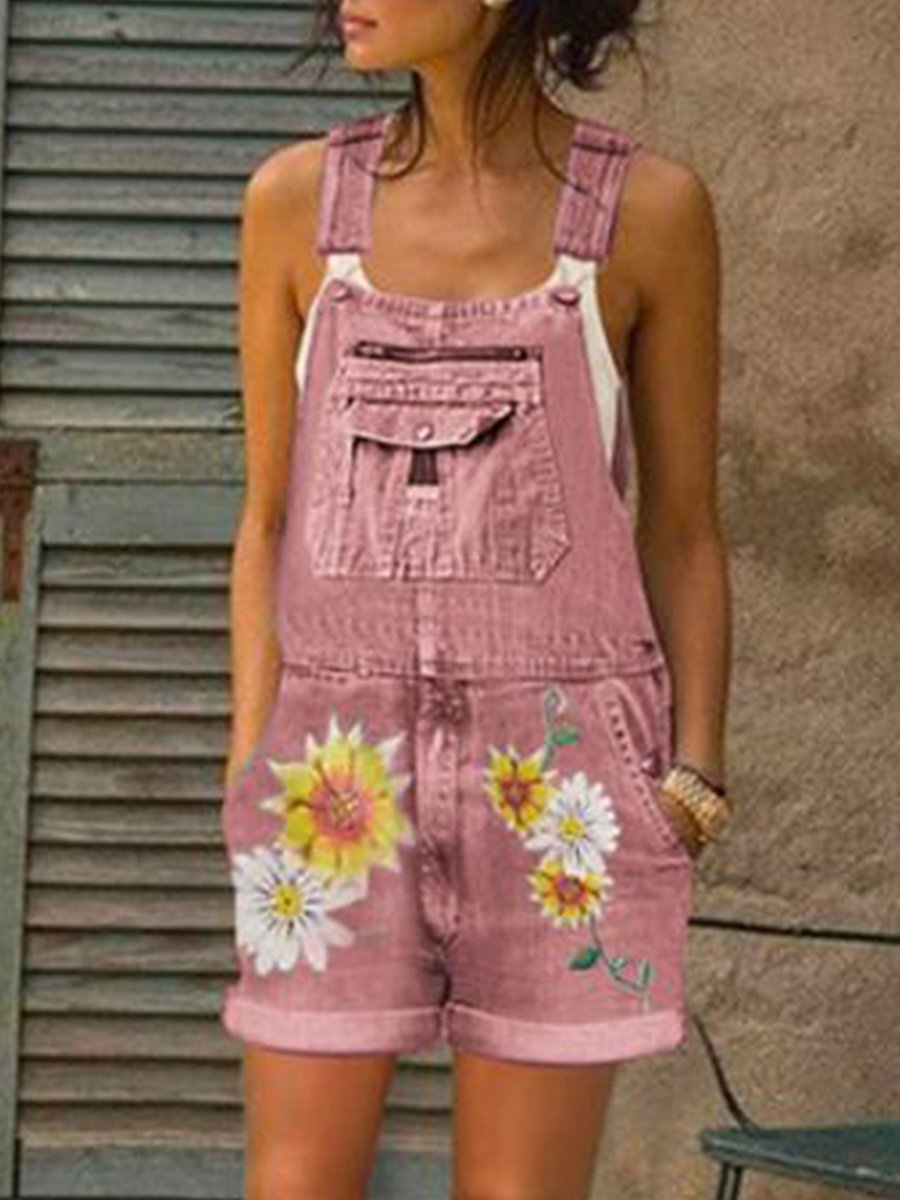 Casual Daisy Print Pockets Washed Denim Shortalls