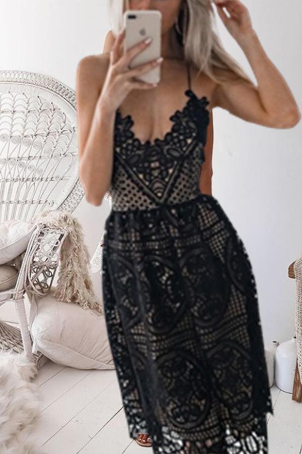 Fashion V-Neck Solid Color Lace Mini Dress
